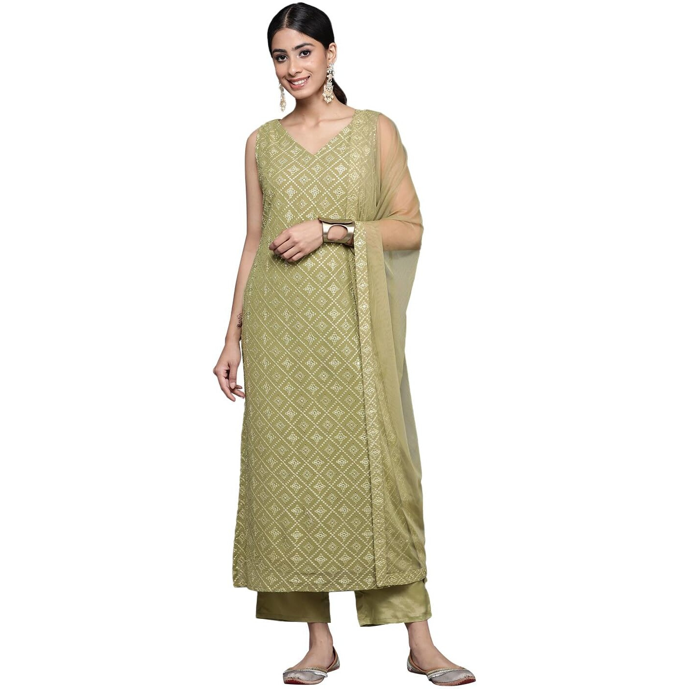 Libas Womens Embroidered Georgette Straight Kurta With Trousers And Dupatta