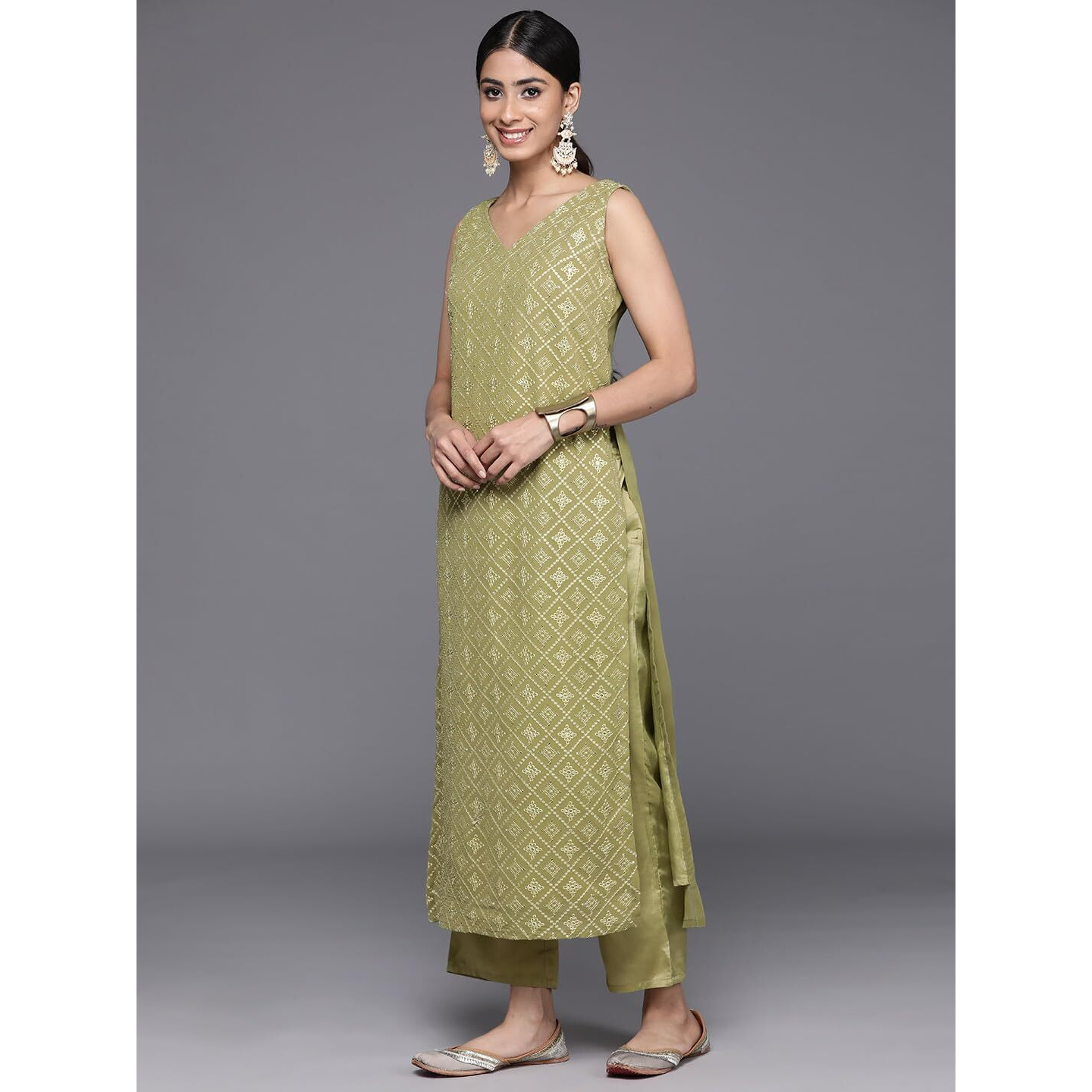 Libas Womens Embroidered Georgette Straight Kurta With Trousers And Dupatta