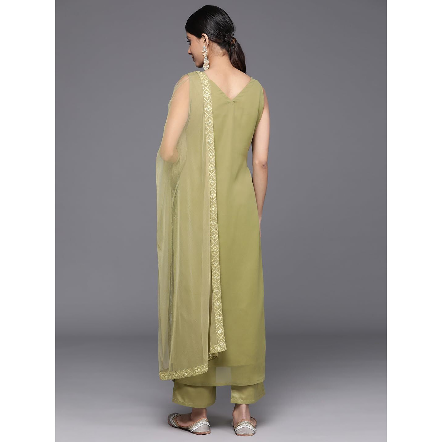 Libas Womens Embroidered Georgette Straight Kurta With Trousers And Dupatta