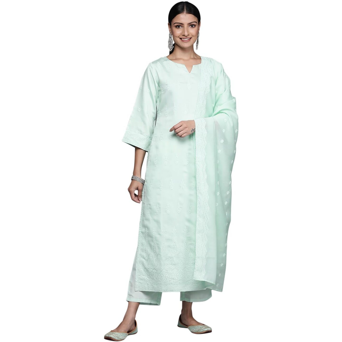 Libas Women's Chanderi Silk Embroidered Kurta Set (34497_Sea Green