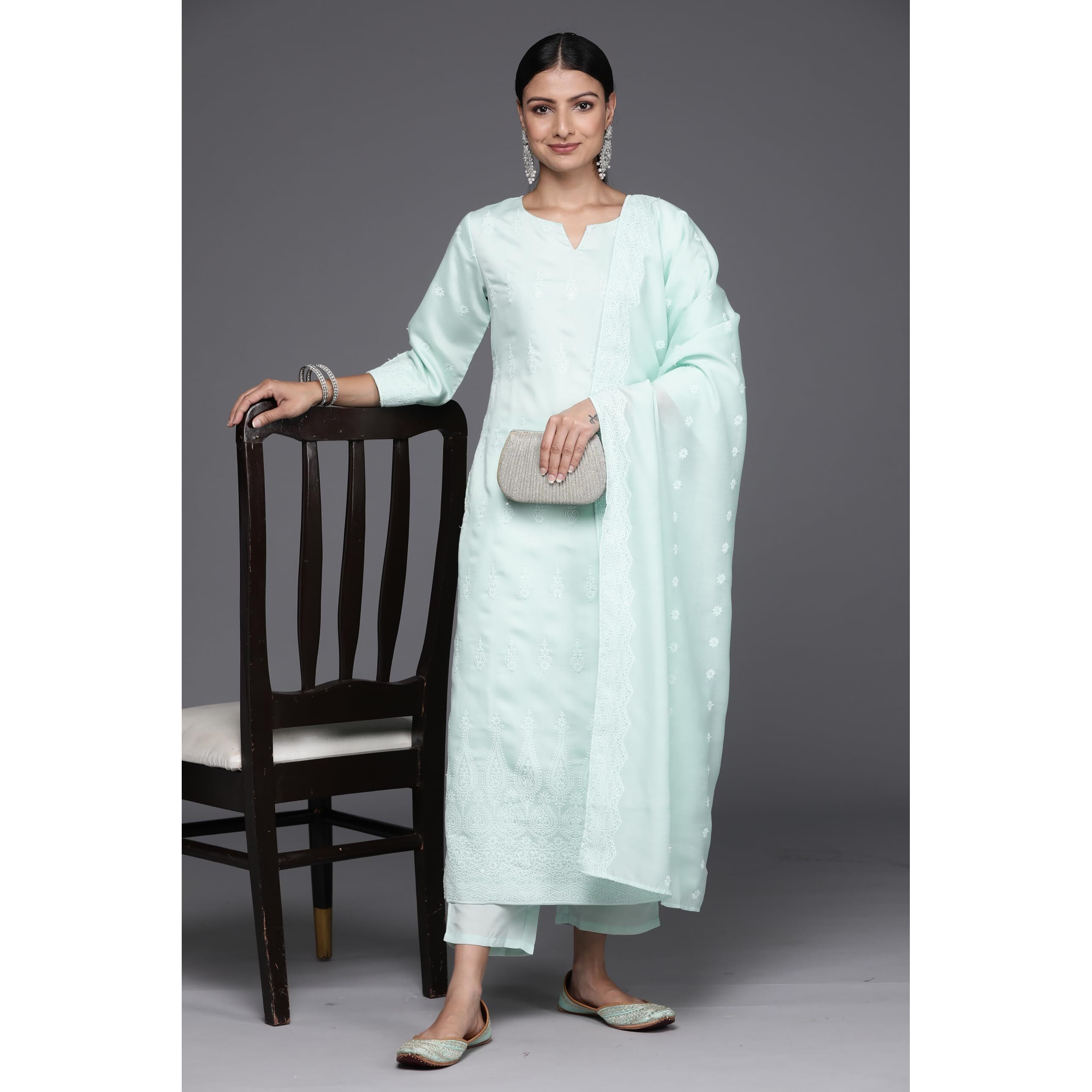 Libas Women's Chanderi Silk Embroidered Kurta Set (34497_Sea Green