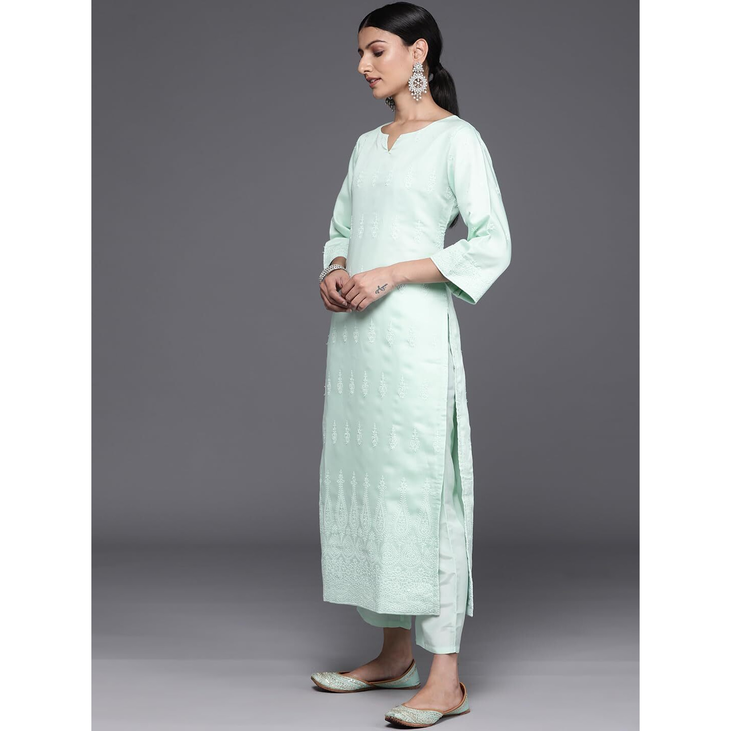 Libas Women's Chanderi Silk Embroidered Kurta Set (34497_Sea Green