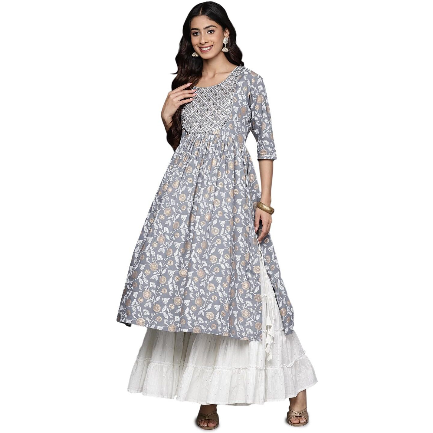 Libas Women's Viscose Rayon Yoke Design A-Line Kurta (26454_Grey