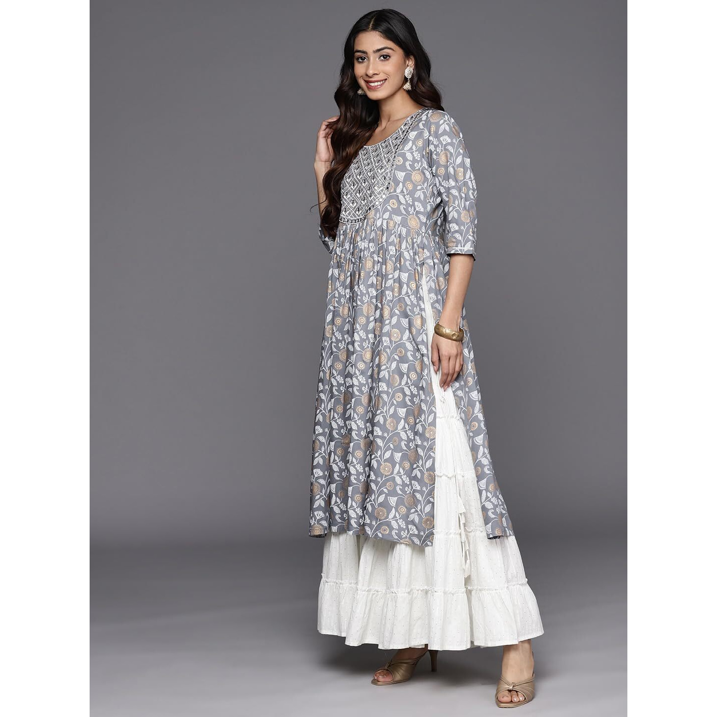 Libas Women's Viscose Rayon Yoke Design A-Line Kurta (26454_Grey