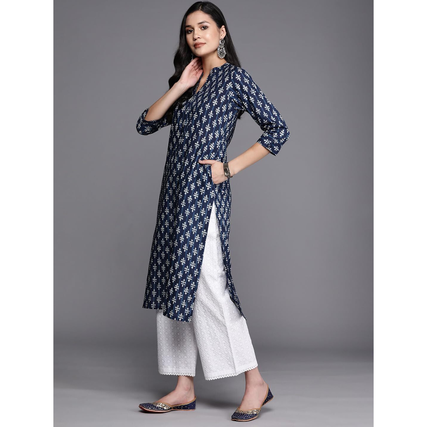 Libas Women's Cotton Printed Straight Kurta (26458_Blue