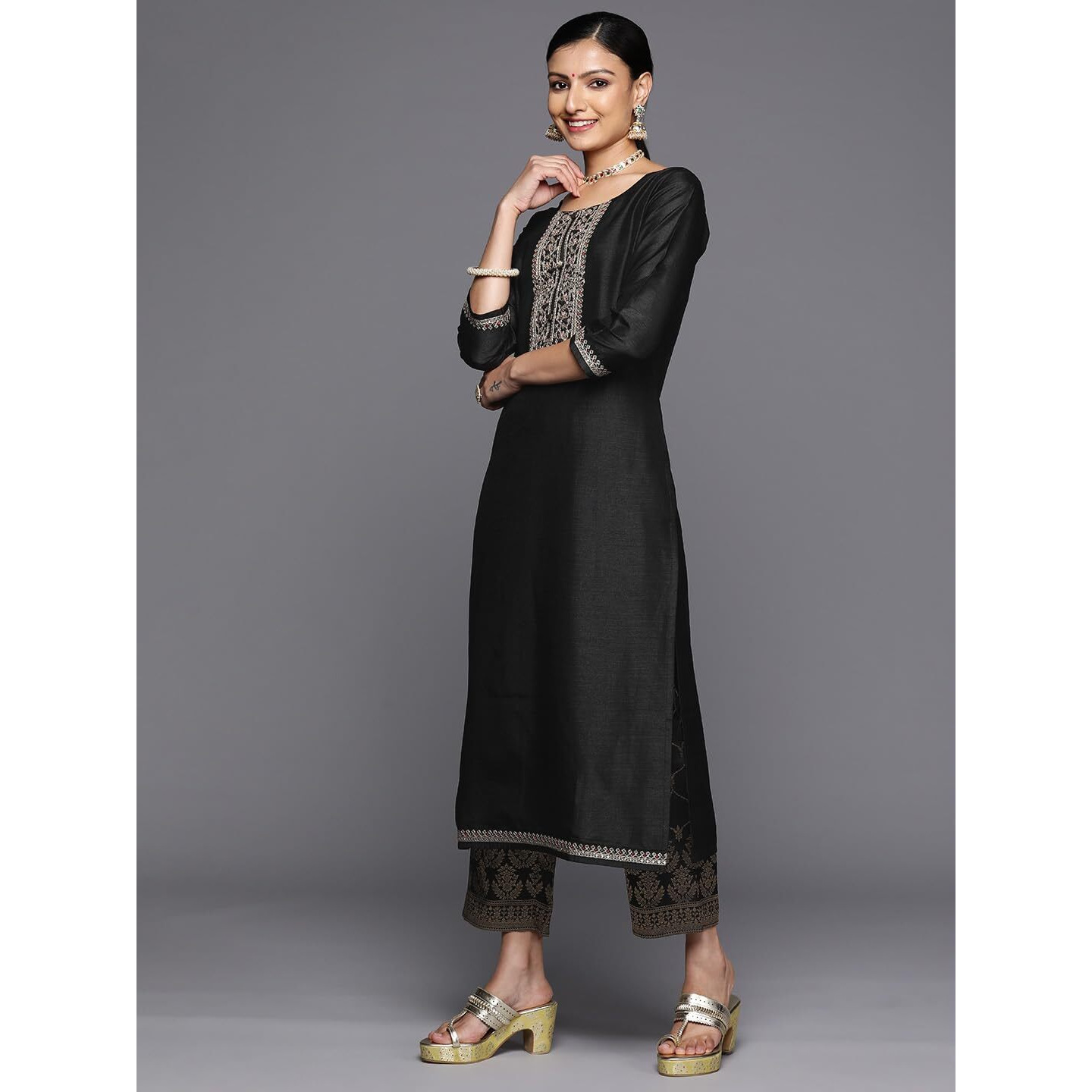 Libas Women's Silk Blend Kurta Set (38248_Black