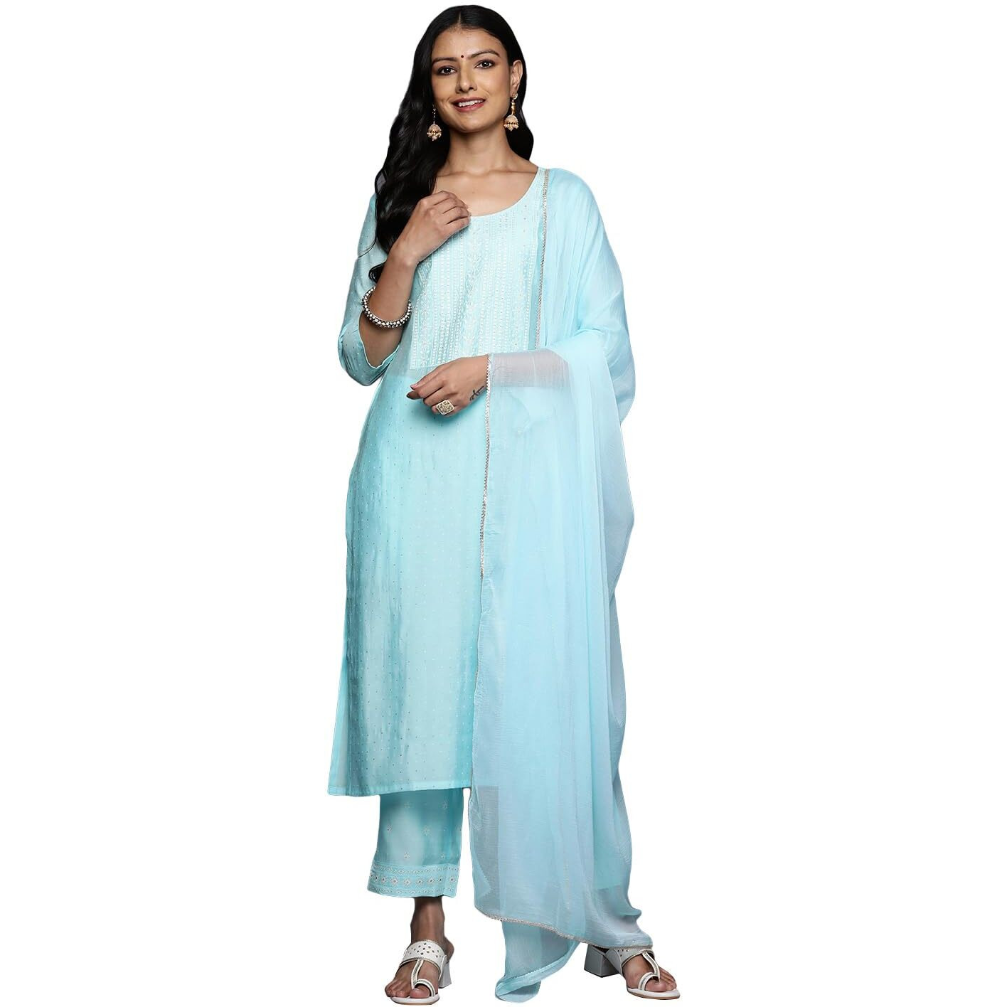 Libas Women's Silk Blend Kurta Set (38213_Turquoise Blue
