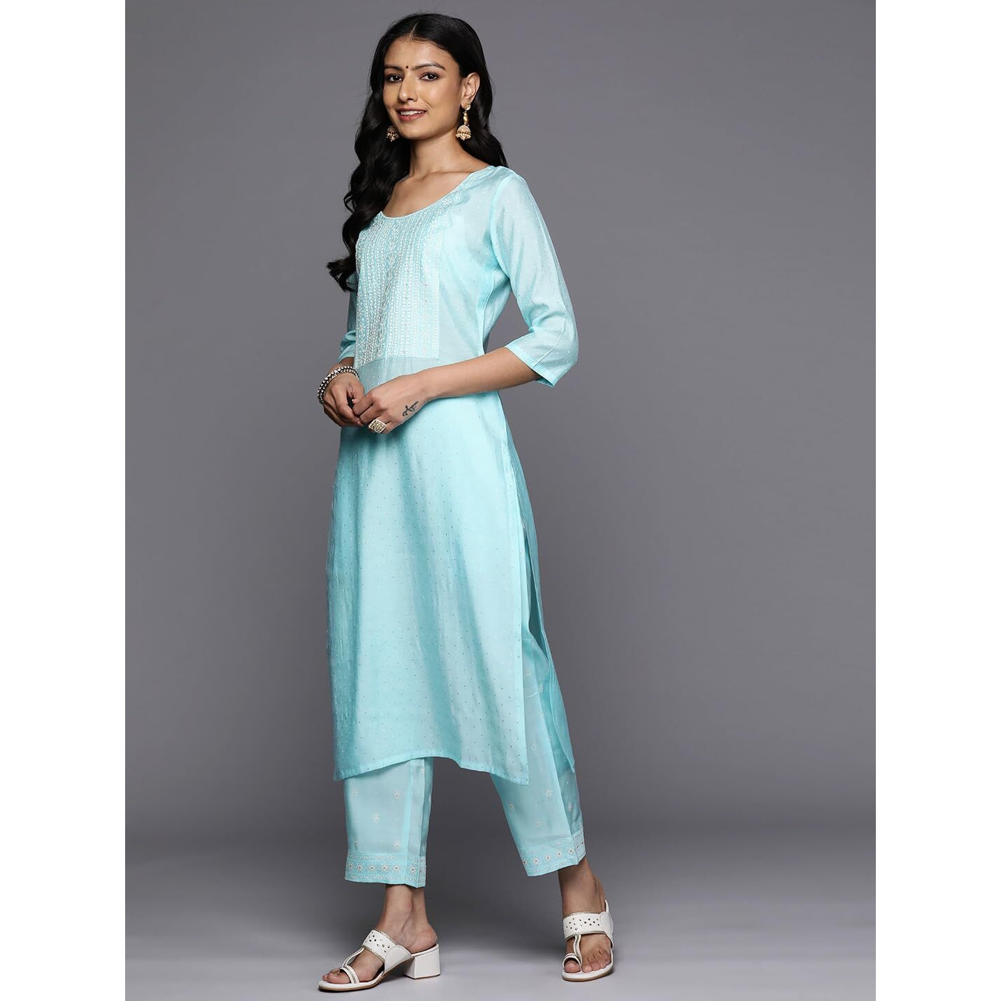 Libas Women's Silk Blend Kurta Set (38213_Turquoise Blue