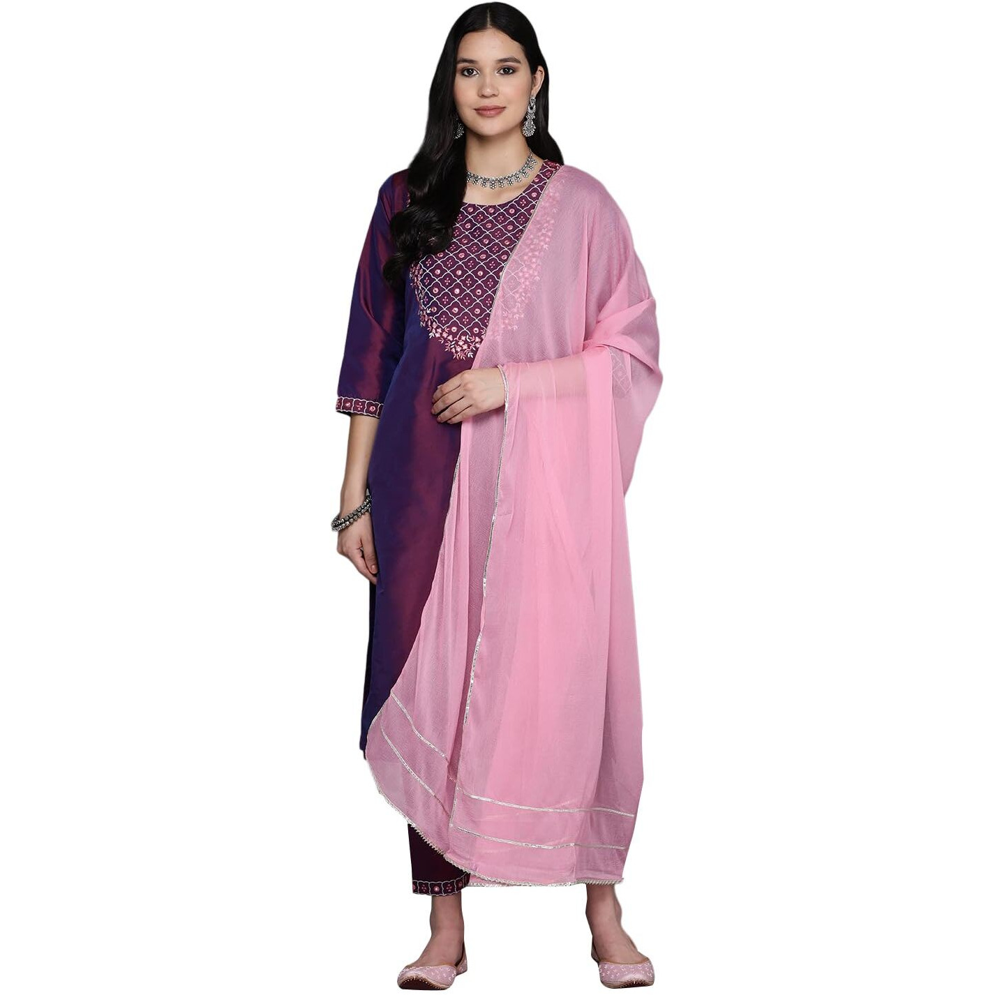 Libas Womens Embroidered Silk Blend Straight Kurta With Trousers And Dupatta
