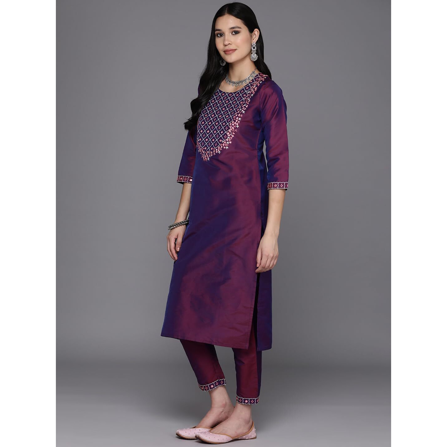 Libas Womens Embroidered Silk Blend Straight Kurta With Trousers And Dupatta