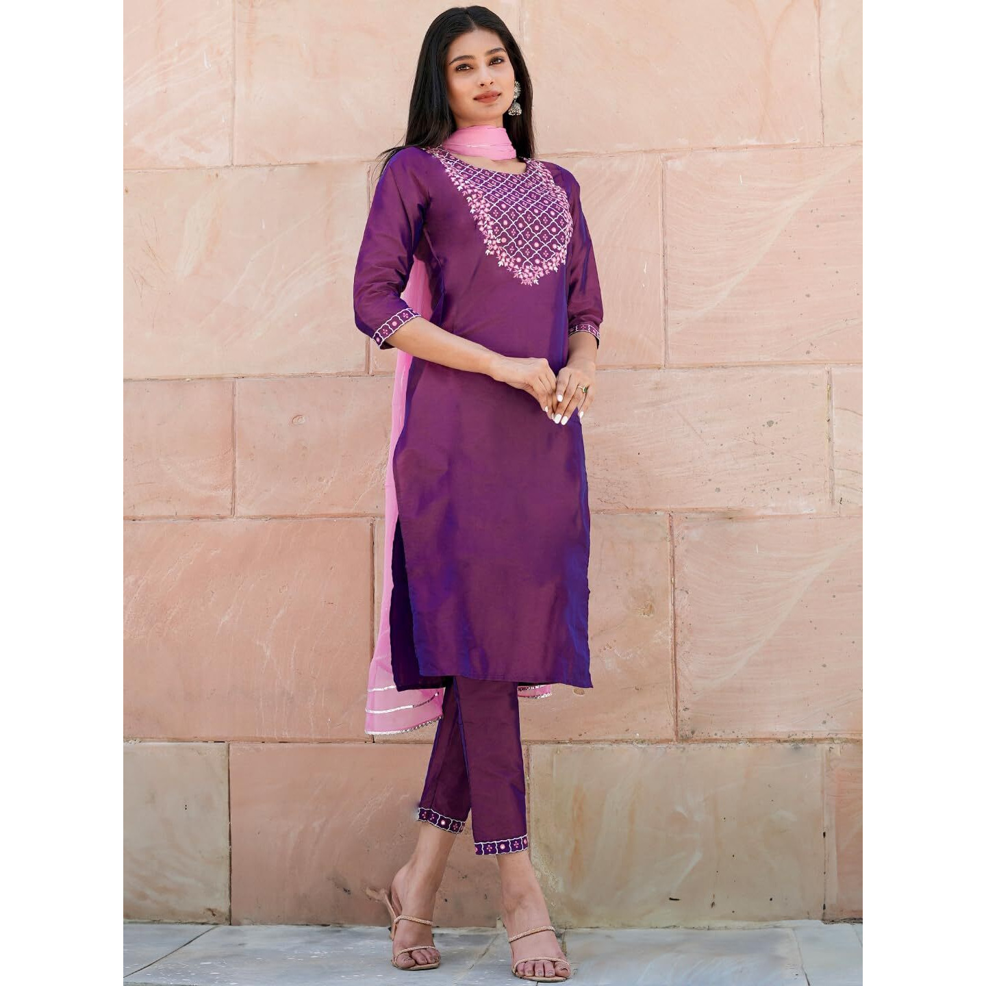 Libas Womens Embroidered Silk Blend Straight Kurta With Trousers And Dupatta
