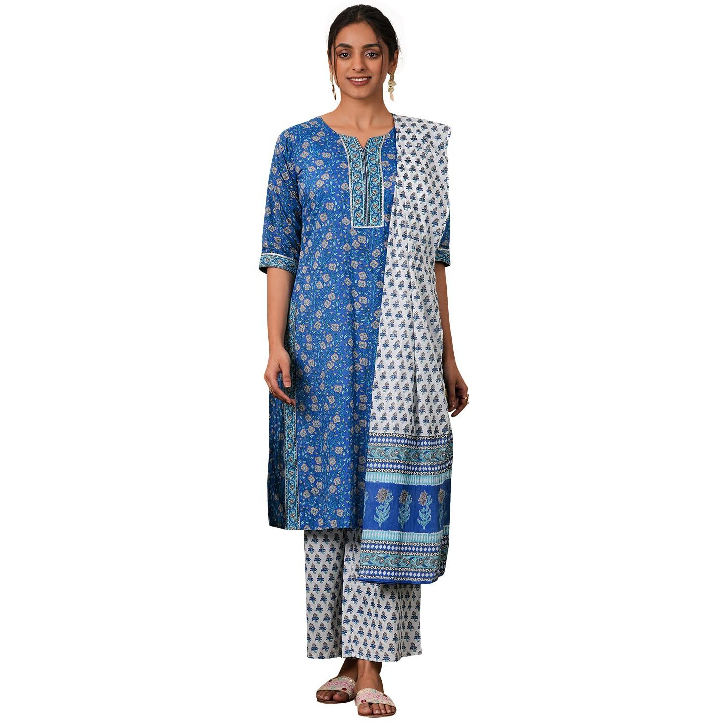 Libas Womens Printed Cotton Straight Kurta With Palazzos And Dupatta