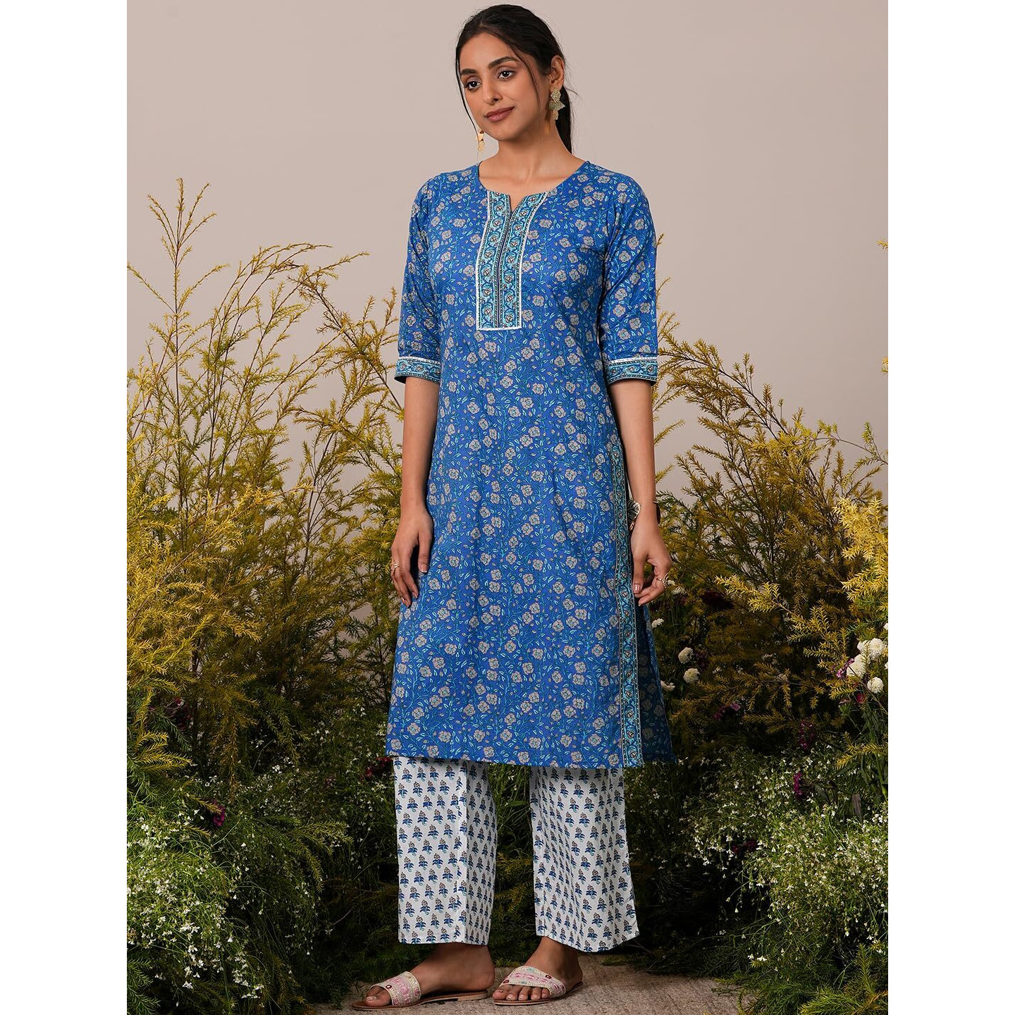 Libas Womens Printed Cotton Straight Kurta With Palazzos And Dupatta