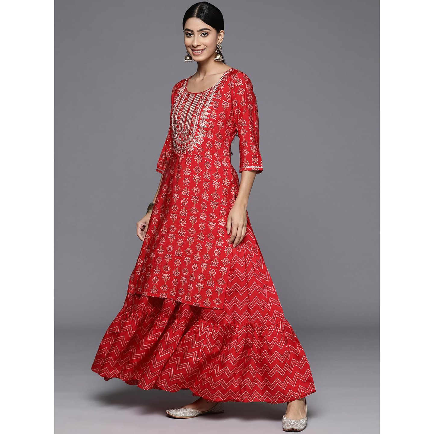 Libas Womens Yoke Design Silk Blend Straight Kurta With Skirt And Dupatta