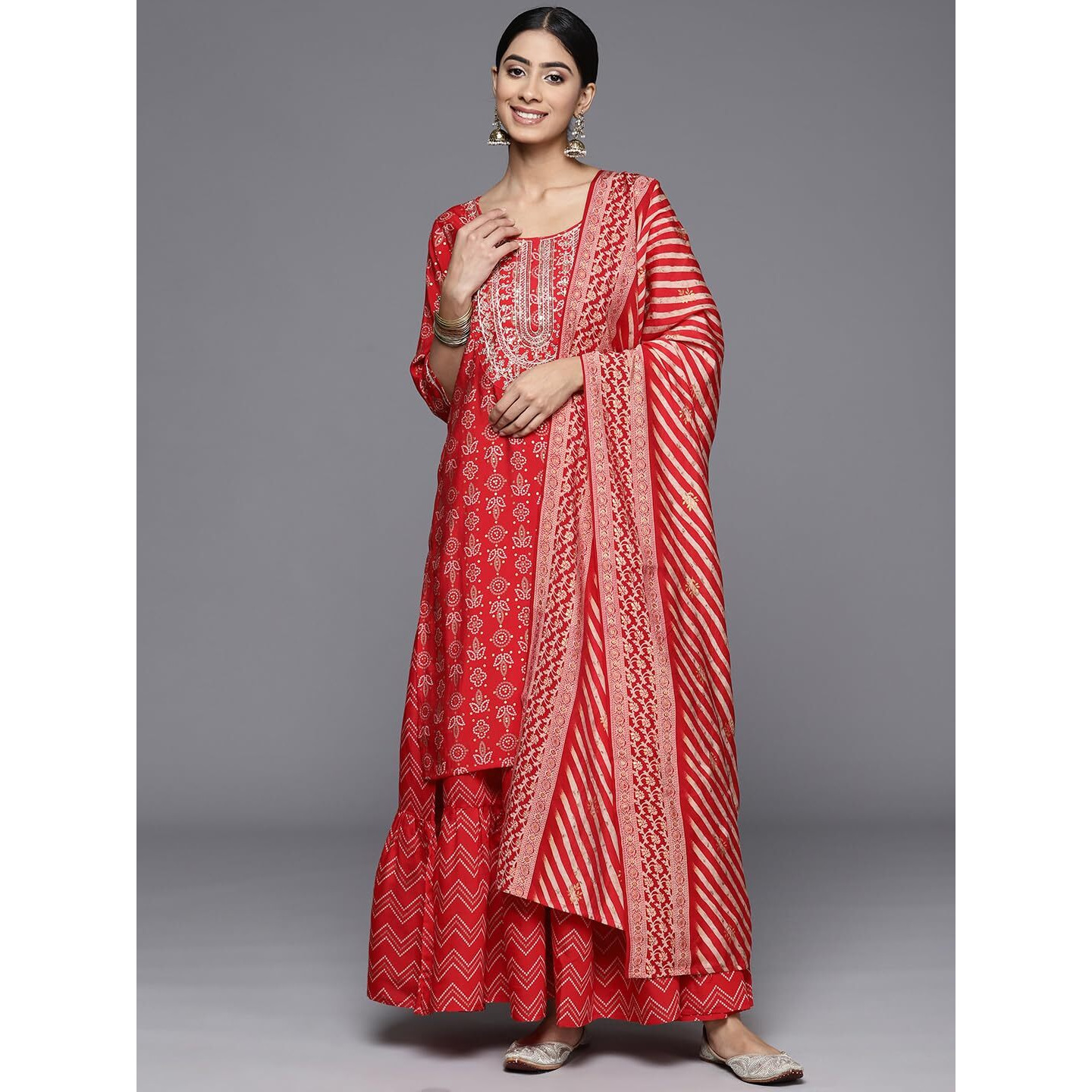 Libas Womens Yoke Design Silk Blend Straight Kurta With Skirt And Dupatta
