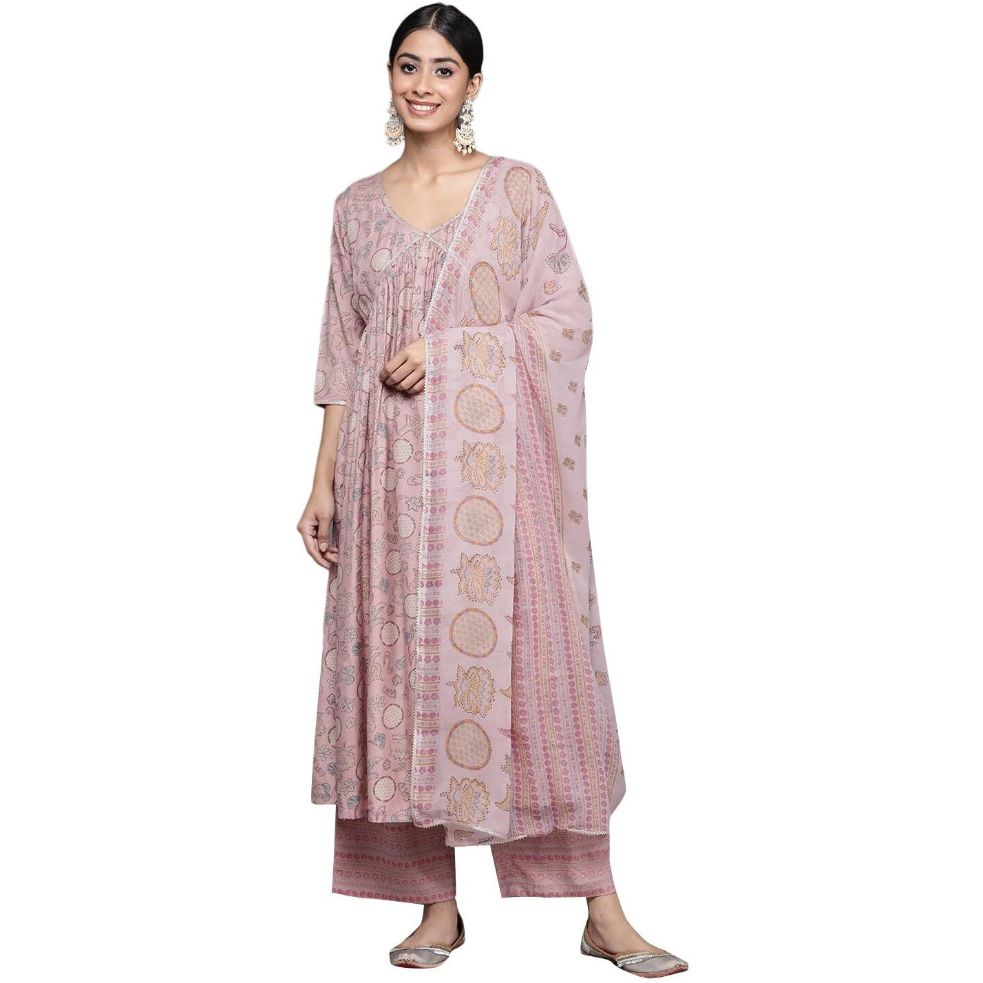 Libas Womens Printed Silk Blend A-Line Kurta With Trousers And Dupatta