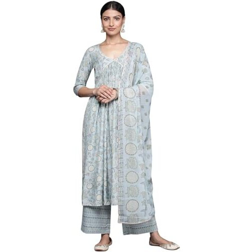 Libas Womens Printed Silk Blend A-Line Kurta With Trousers And Dupatta
