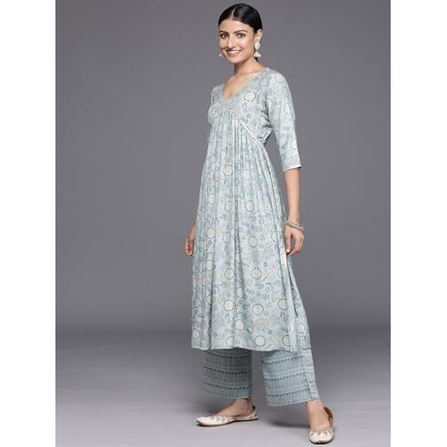 Libas Womens Printed Silk Blend A-Line Kurta With Trousers And Dupatta