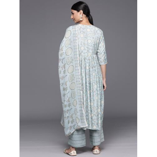 Libas Womens Printed Silk Blend A-Line Kurta With Trousers And Dupatta