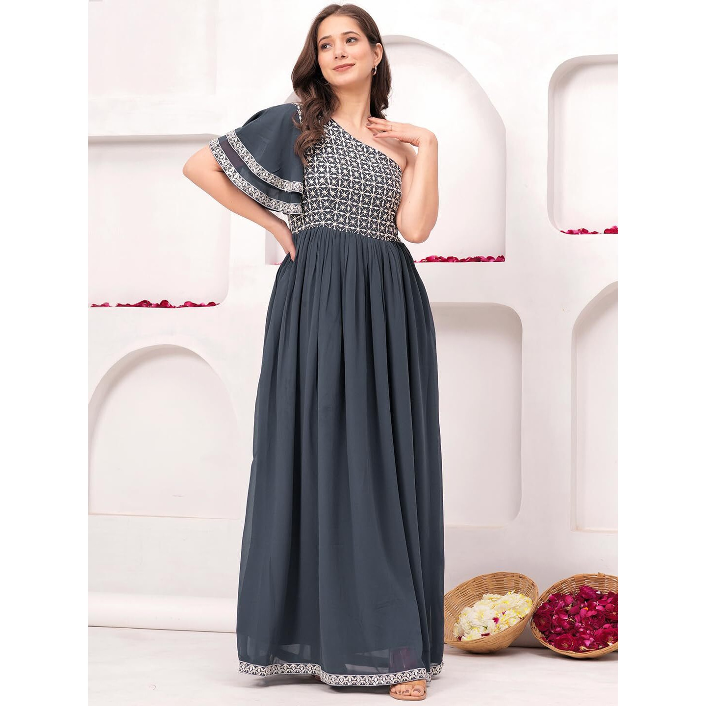 Libas Women's Georgette Gown Maxi Dress (26502_Grey