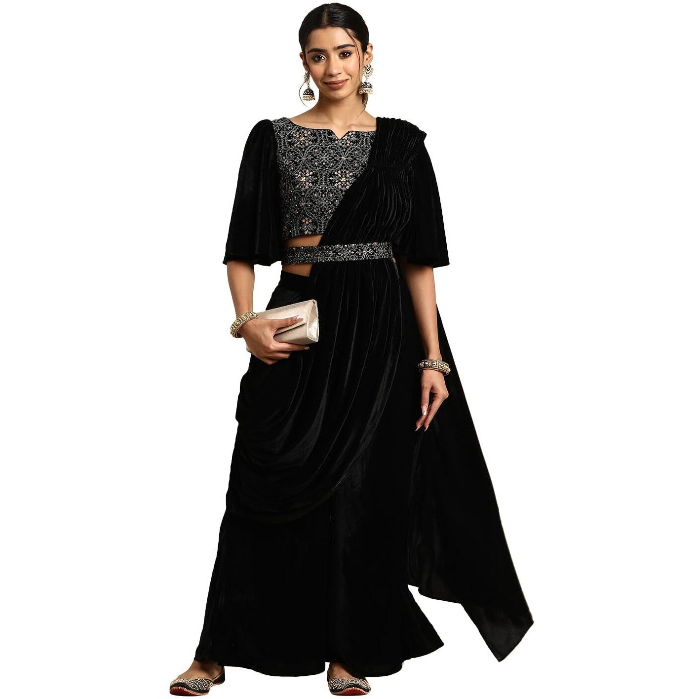 Libas Women's Velvet Saree (34767_Black)