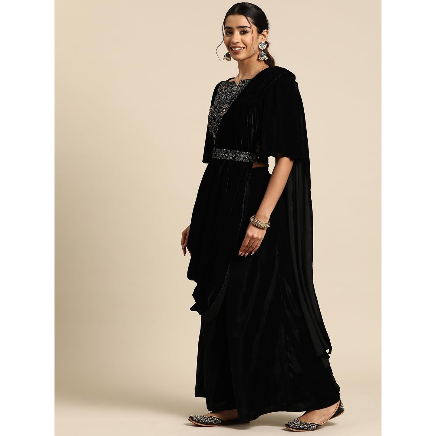 Libas Women's Velvet Saree (34767_Black)
