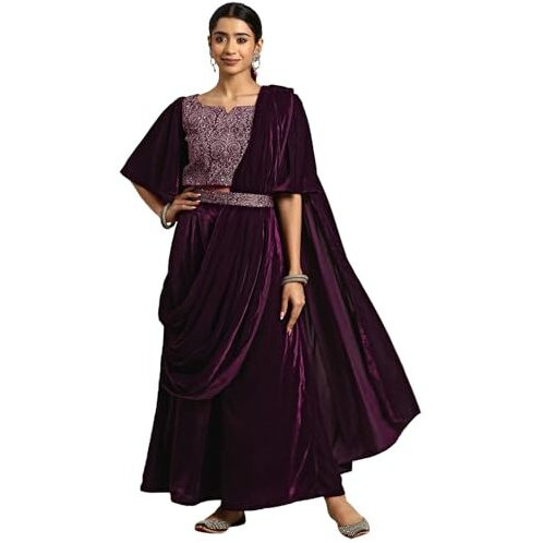 Libas Women's Velvet Saree (34768_Wine)