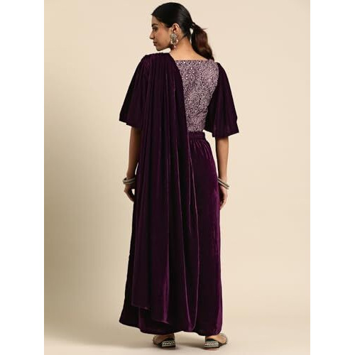 Libas Women's Velvet Saree (34768_Wine)