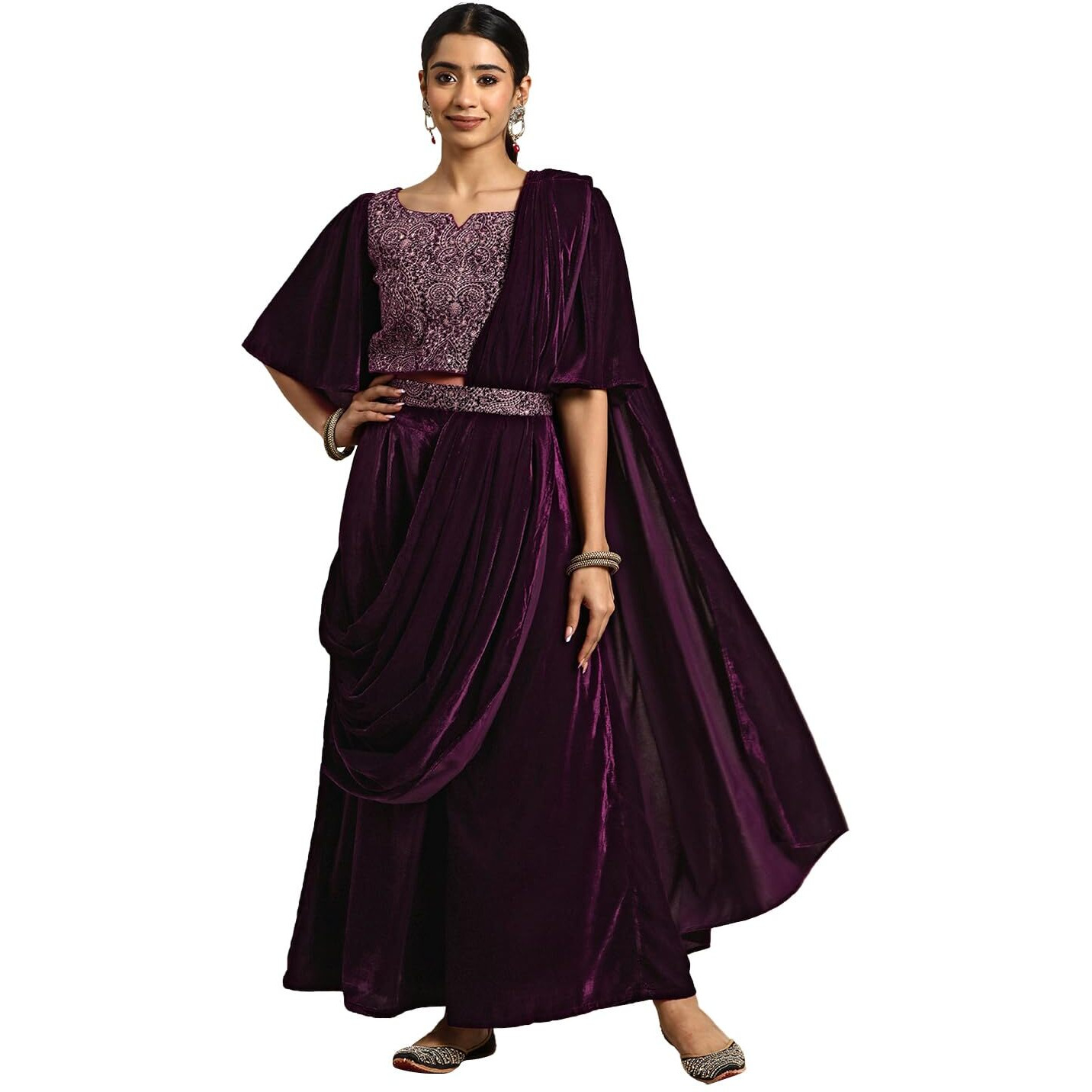 Libas Women's Velvet Saree (34768_Wine)
