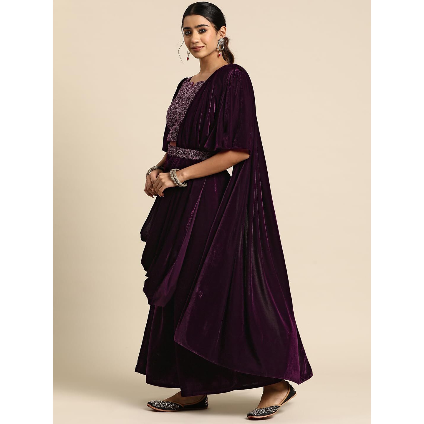 Libas Women's Velvet Saree (34768_Wine)