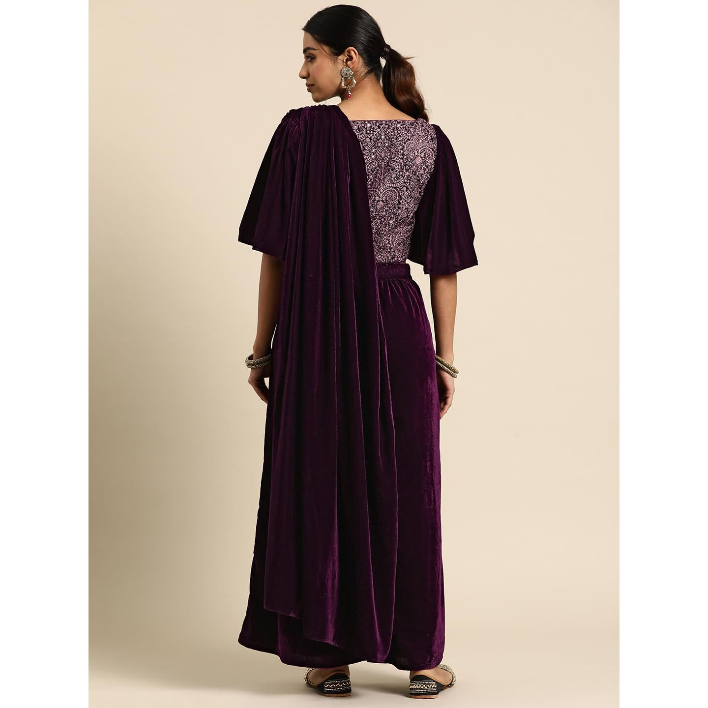 Libas Women's Velvet Saree (34768_Wine)