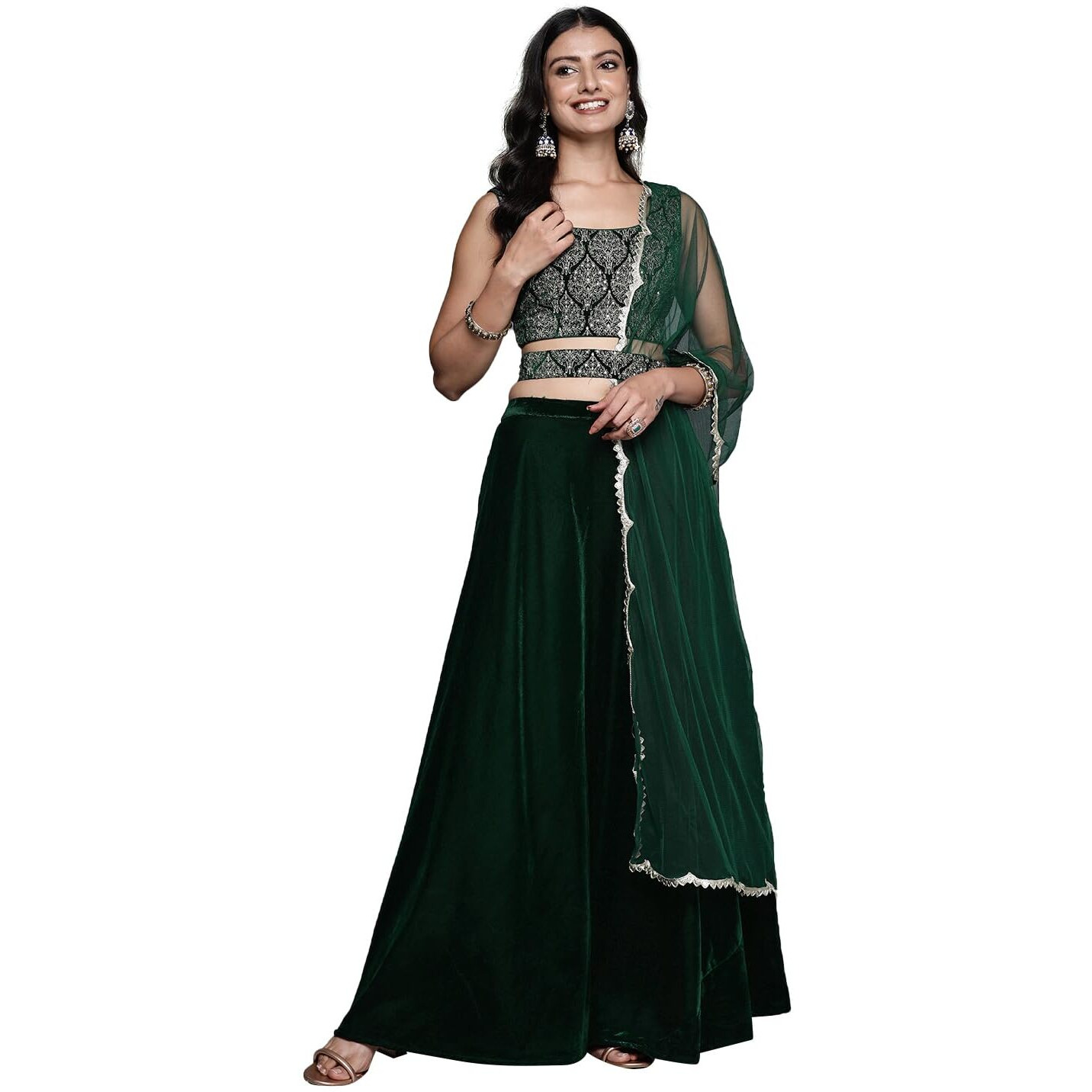 Libas Women's Velvet Lehenga Set (34765_Green_L)
