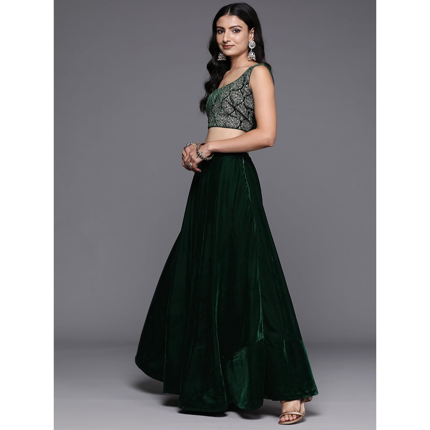 Libas Women's Velvet Lehenga Set (34765_Green_L)