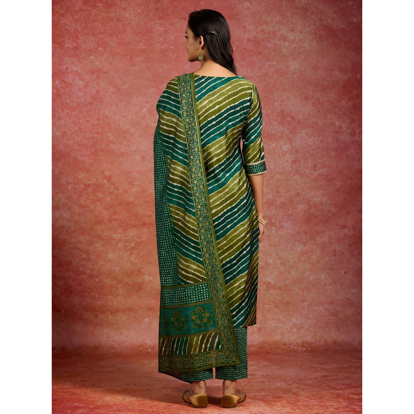 Libas Womens Printed Silk Blend Straight Kurta With Trousers And Dupatta