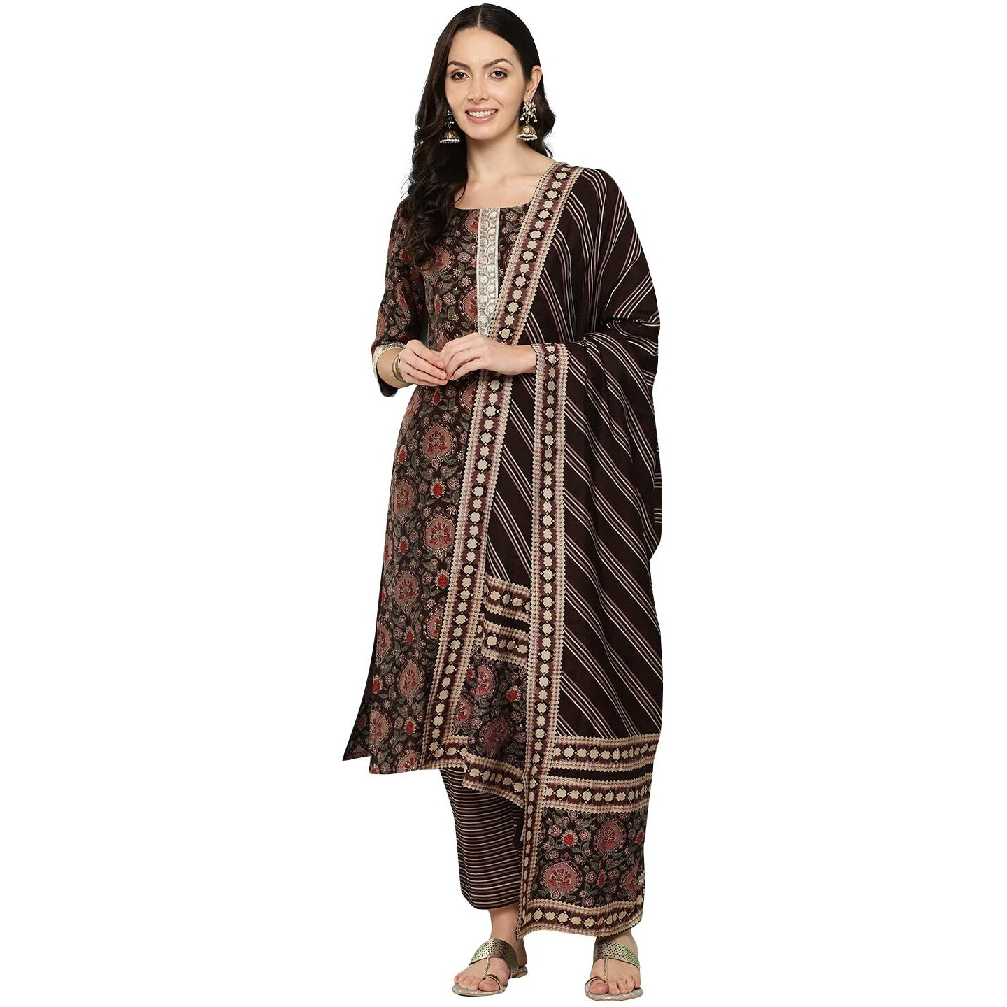 Libas Women's Silk Blend Kurta Sets (34619_Brown