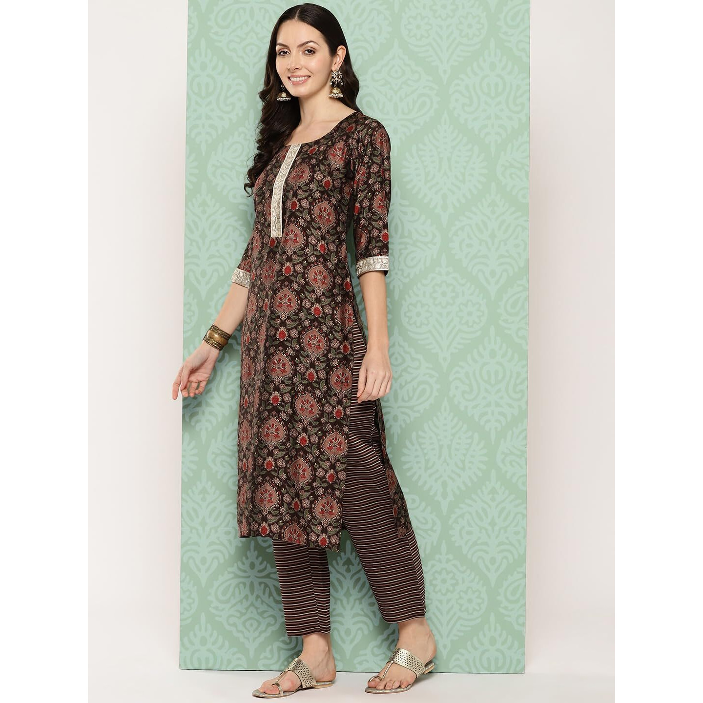 Libas Women's Silk Blend Kurta Sets (34619_Brown
