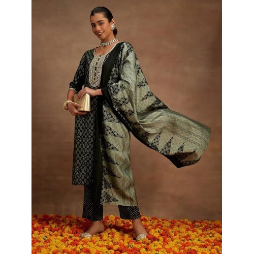 Libas Women's Silk Blend Kurta Sets (34628_Green