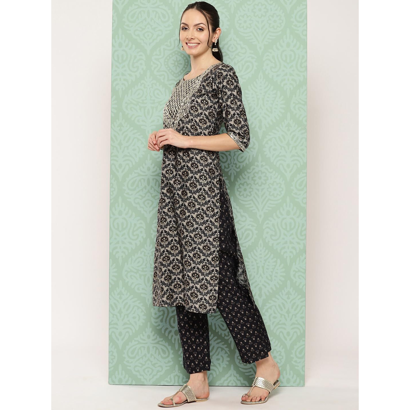 Libas Womens Printed Silk Blend Straight Kurta With Trousers And Dupatta