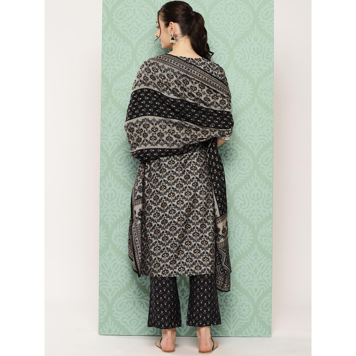 Libas Womens Printed Silk Blend Straight Kurta With Trousers And Dupatta