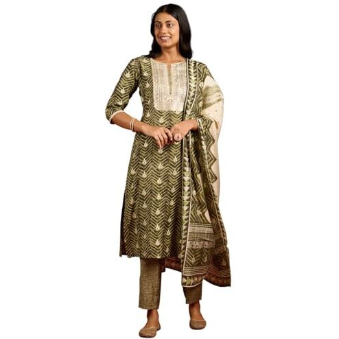 Libas Women's Silk Blend Yoke Design Kurta Sets (34640_Green