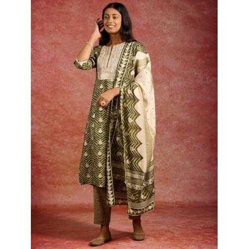 Libas Women's Silk Blend Yoke Design Kurta Sets (34640_Green