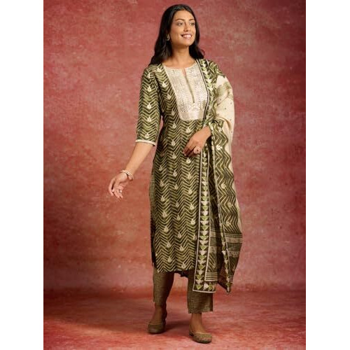 Libas Women's Silk Blend Yoke Design Kurta Sets (34640_Green