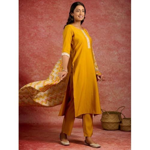 Libas Womens Yoke Design Silk Blend Straight Kurta With Trousers And Dupatta