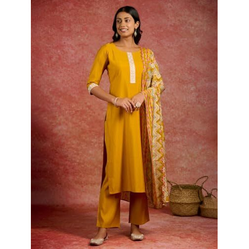 Libas Womens Yoke Design Silk Blend Straight Kurta With Trousers And Dupatta