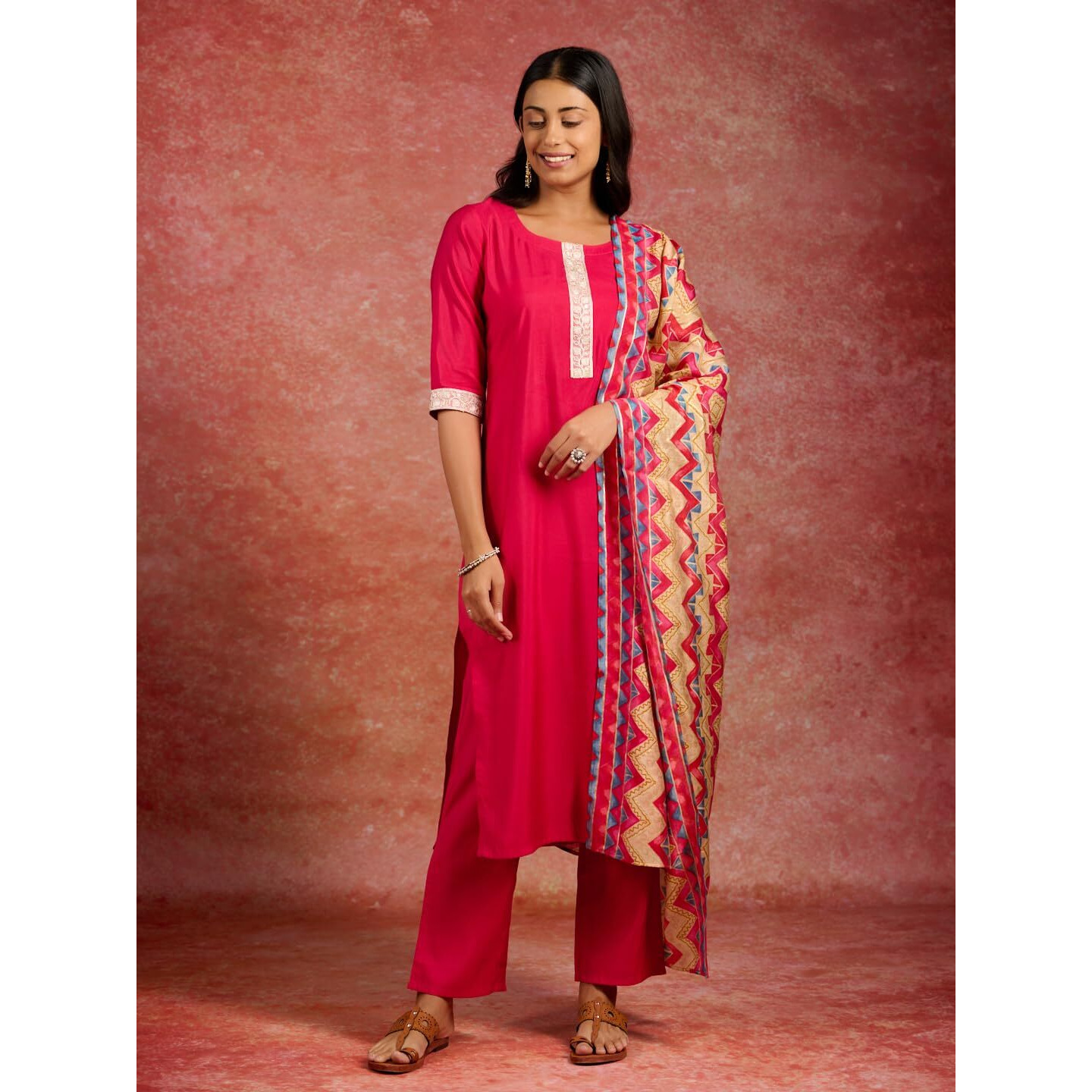Libas Womens Yoke Design Silk Blend Straight Kurta With Trousers And Dupatta