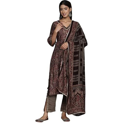 Libas Womens Printed Silk Blend A-Line Kurta With Trousers And Dupatta