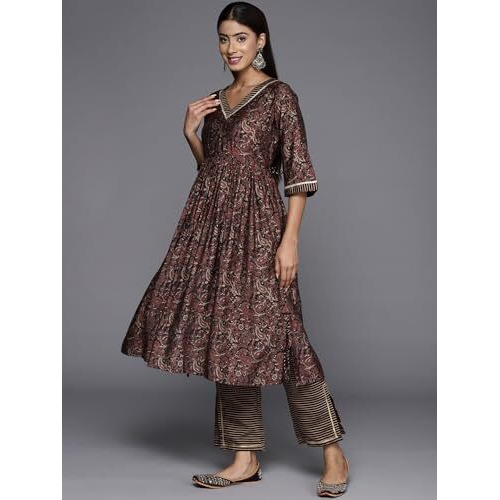 Libas Womens Printed Silk Blend A-Line Kurta With Trousers And Dupatta
