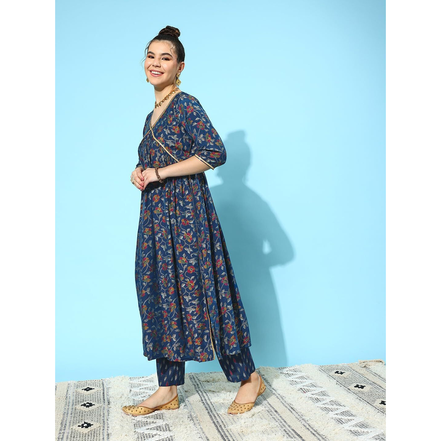 Libas Womens Printed Silk Blend A-Line Kurta With Trousers And Dupatta