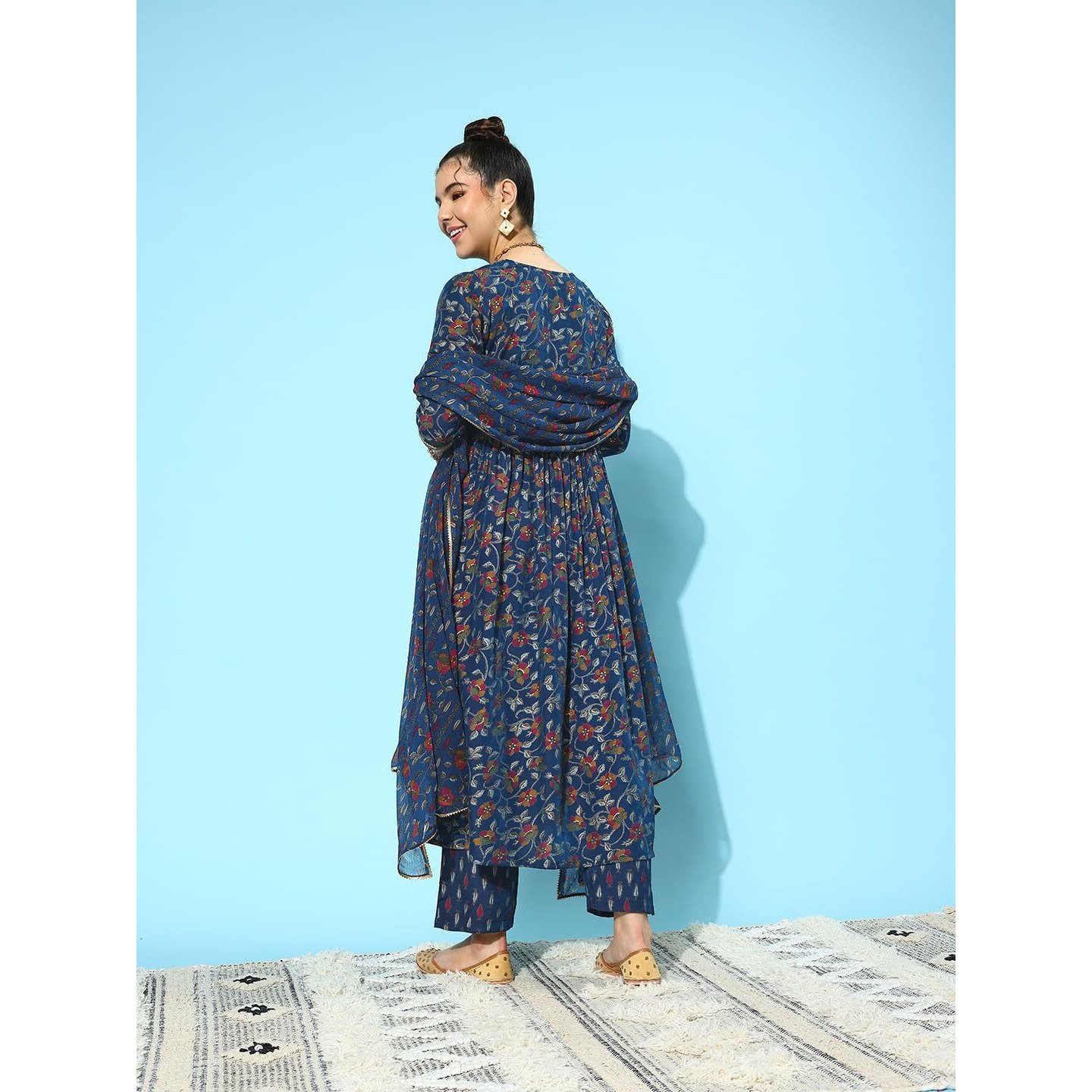 Libas Womens Printed Silk Blend A-Line Kurta With Trousers And Dupatta