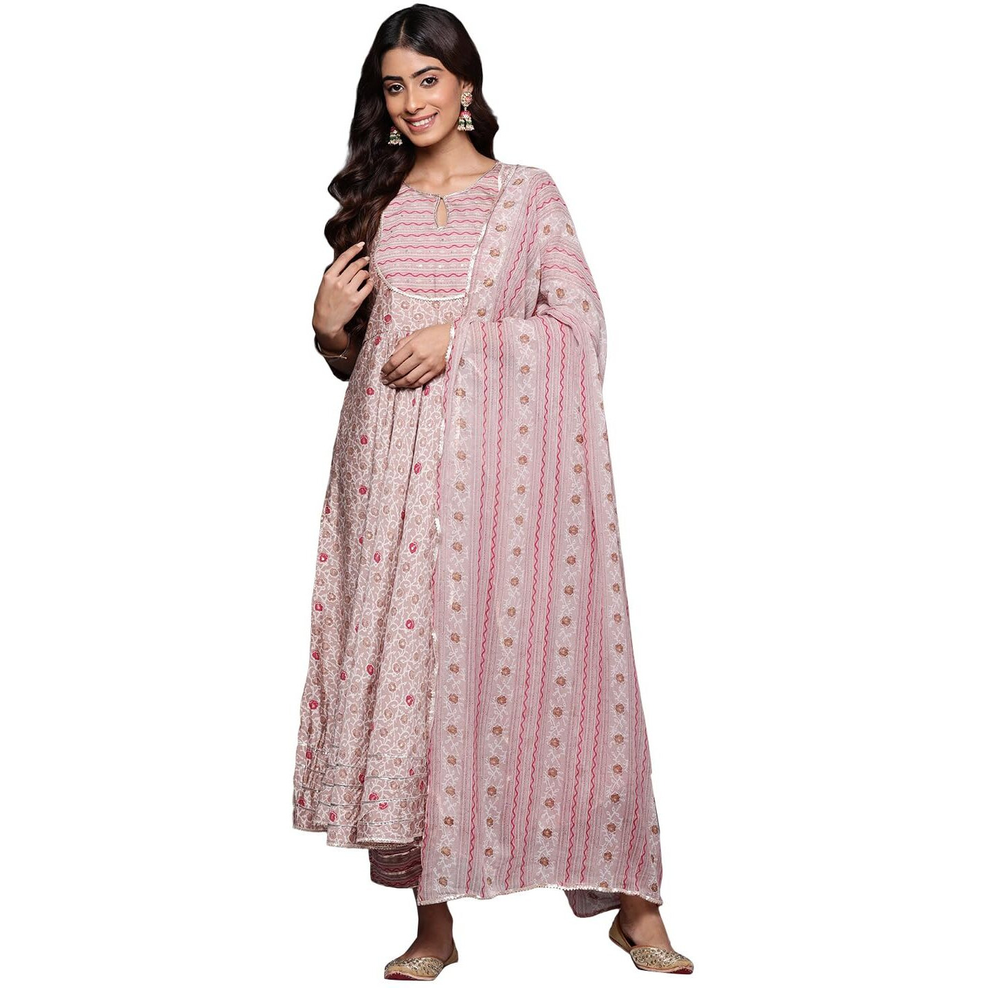 Libas Beige Printed Silk Blend Anarkali Kurta With Trousers & Dupatta